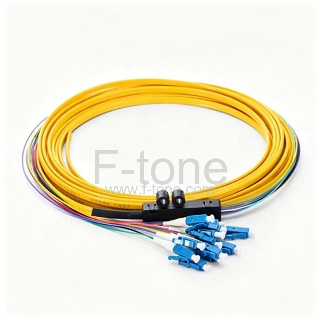 5米 12 芯 LC/UPC 9/125 单模带状扇型分支光纤尾纤 0.9mm PVC 护套