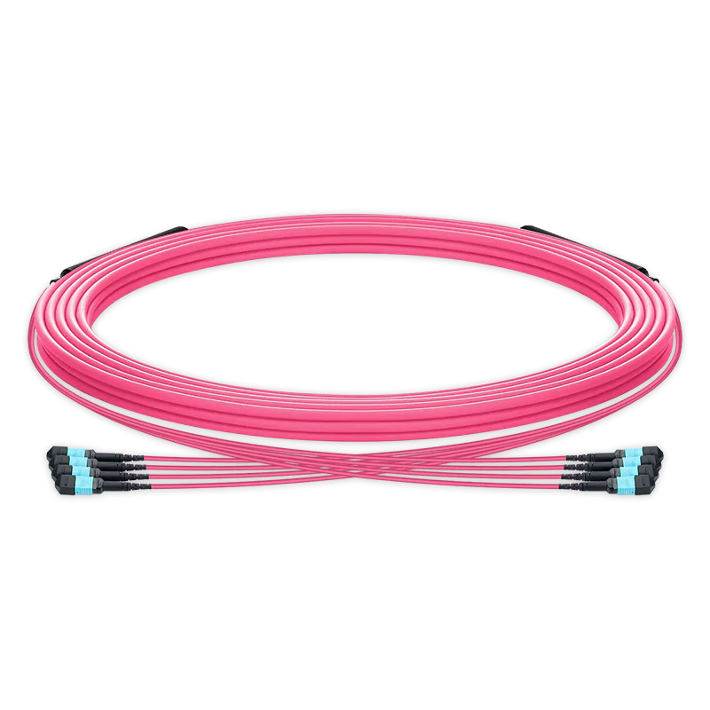15m 预端接 MPO 4x4 Shuffle 主干跳线,32芯,4xMPO-8 APC (母头) 转 4xMPO-8 APC (母头),多模 (OM4),极性Type 4,LSZH,最大插损0.35dB,分支长度 5m,玫红色