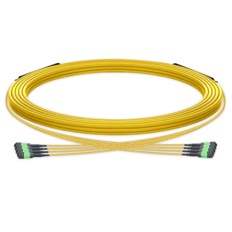 15m 预端接 MPO 4×4 Shuffle 主干跳线,32芯,4 x MPO-8 APC (母头) 转 4 x MPO-8 APC (母头),单模 (OS2),极性Type 4,LSZH,最大插损0.35dB,分支长度 5m,黄色