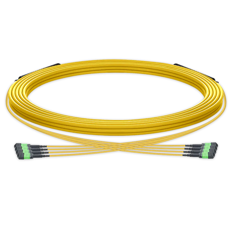 15m 预端接 MPO 4x4 Shuffle 主干跳线,32芯,4 x MPO-8 APC (母头) 转 4 x MPO-8 APC (母头),单模 (OS2),极性Type 4,LSZH,最大插损0.35dB,分支长度 5m,黄色
