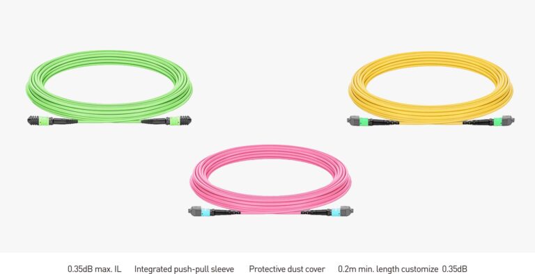 10m 预端接 MPO 4×4 Shuffle 主干跳线,32芯,4xMPO-8 APC (公头) 转 4xMPO-8 APC (公头),多模 (OM4),极性Type 4,LSZH,最大插损0.35dB,分支长度 80cm,玫红色