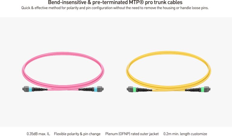 10m 预端接 MPO 2×2 Shuffle 主干跳线,16芯,2xMPO-8 APC (公头) 转 2xMPO-8 APC (公头),单模 (OS2),极性Type 2,LSZH,最大插损0.35dB,分支长度 80cm,黄色