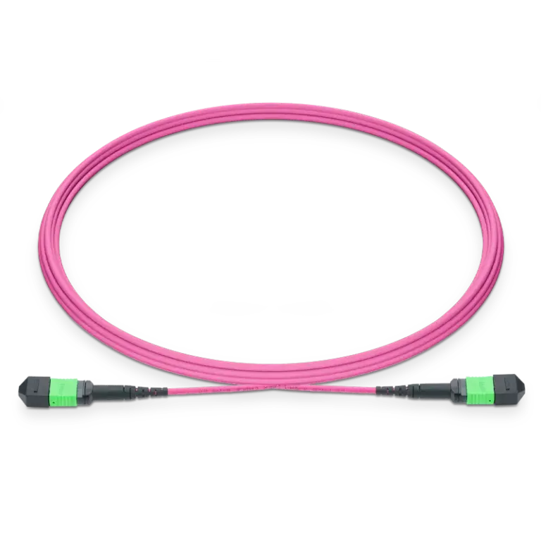 10m MPO 4×4 Shuffle 分支跳线,32芯,4xMPO-8 APC (母头) 转 4xMPO-8 APC (母头),多模 (OM4),极性Type 4,LSZH,3.0mm,最大插损0.35dB,玫红色