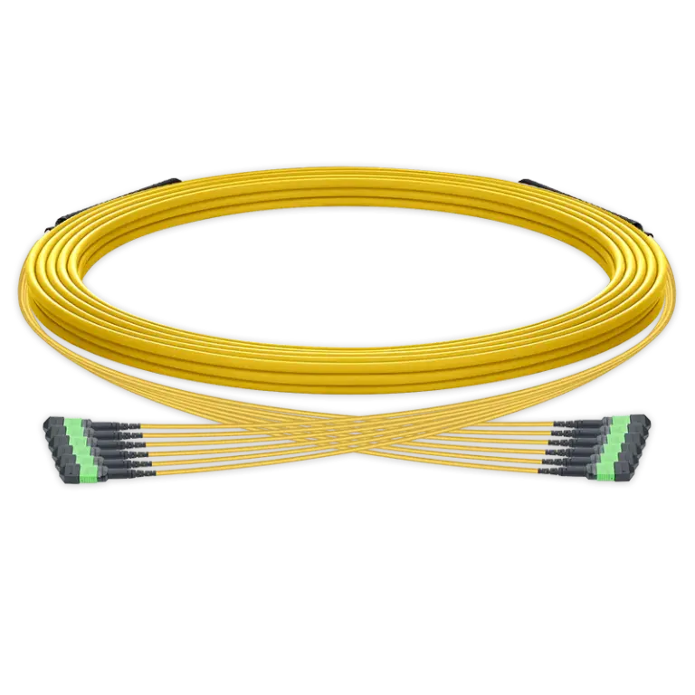 5m 预端接 MPO 4×4 主干跳线,256芯,32xMPO-8 APC(公头)转 32xMPO-8 APC(公头),单模(OS2),极性 Type 4,LSZH,最大插损 0.35dB,分支长度 80cm,黄色