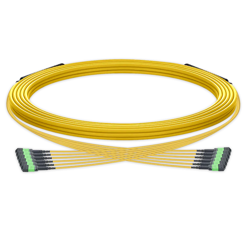 5m 预端接 MPO 4x4 主干跳线,256芯,32xMPO-8 APC(公头)转 32xMPO-8 APC(公头),单模(OS2),极性 Type 4,LSZH,最大插损 0.35dB,分支长度 80cm,黄色