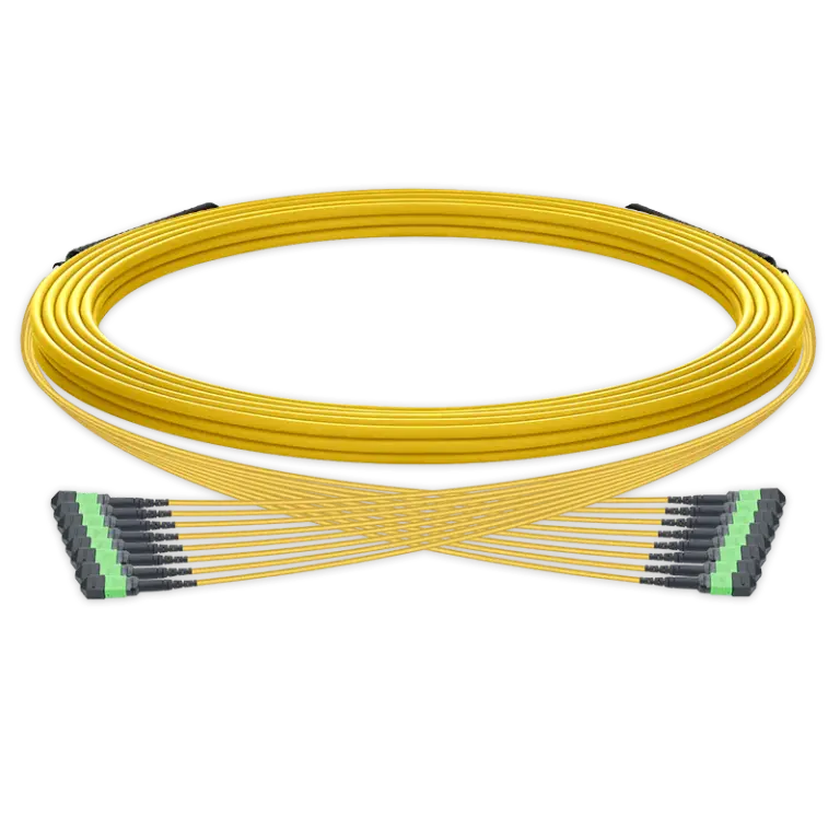 5m 预端接 MPO 2×2 主干跳线,128芯,16xMPO-8 APC(公头)转 16xMPO-8 APC(公头),单模(OS2),极性 Type 2,LSZH,最大插损 0.35dB,分支长度 80cm,黄色