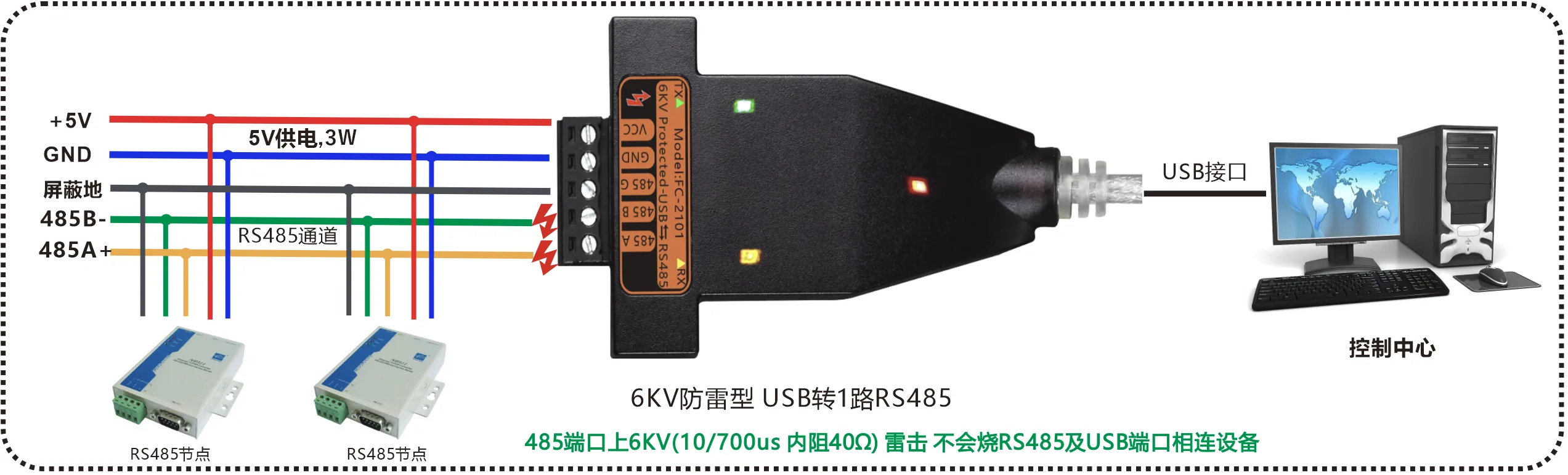 工业级 6KV防雷型 USB转1路RS485转换器(带线)